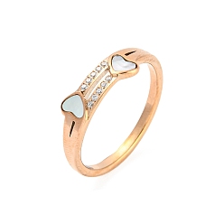 Rose Gold Ion Plating(IP) 304 Stainless Steel Finger Ring with Rhinestone, Heart, Rose Gold, US Size 8(18.1mm)