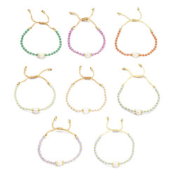 Mixed Color Adjustable Pearl & Glass & Brass Braided Beaded Bracelet for Women, Mixed Color, Inner Diameter: 1-7/8~2-7/8 inch(4.8~7.3cm)