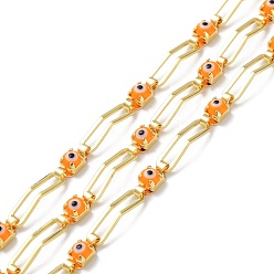 Real 18K Gold Plated Handmade Glass Evil Eye Link Chains, with Brass Rectangle Findings, Unwelded, with Spool, Real 18K Gold Plated, 4x15x1mm