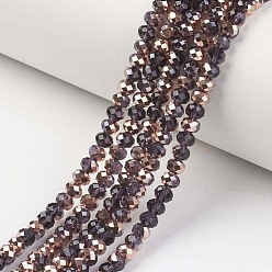 Coconut Brown Electroplate Transparent Glass Beads Strands, Half Copper Plated, Faceted, Rondelle, Coconut Brown, 3x2mm, Hole: 0.8mm, about 150~155pcs/strand, 15~16 inch(38~40cm)