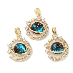 Cyan Rack Plating Brass Pave Clear Cubic Zirconia Pendants, Planet Charms with Epoxy Resin, Real 18K Gold Plated, Long-Lasting Plated, Cadmium Free & Lead Free, Cyan, 19x16.5x5mm, Hole: 3x5mm