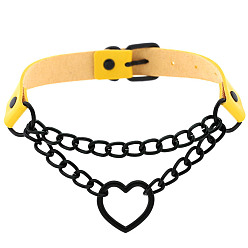 Yellow (Spades) Fashionable Heart-shaped Black Chain Collar Necklace with Lock, PU Leather Material
