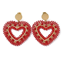 Red Woven Glass Beaded Heart Dangle Stud Earrings, with Vacuum Plating 304 Stainless Steel Pins, Red, 55x47mm