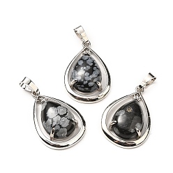 Снежный Обсидиан Естественно снежинка обсидиана подвески, слезоточивые прелести, с стеллаж металлизированный платины тон выводов латуни, без кадмия и без свинца, 30.5x20x8 мм, отверстие : 8x5 мм