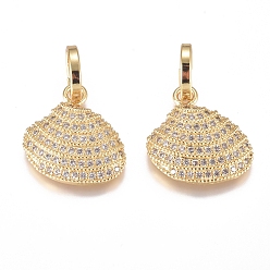 Golden Brass Micro Pave Cubic Zirconia Pendants, Long-Lasting Plated, Scallop, Clear, Golden, 20x19.5x4mm, Hole: 8x2mm