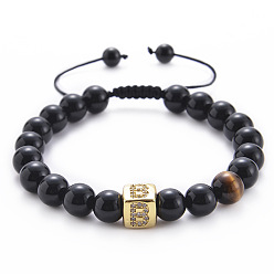 B-Black Agate Bracelet Square Gemstone Letter Bracelet with Natural Agate and Tiger Eye Beads - A to Z Alphabet Design