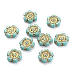 Green Czech Glass Beads, Flower, Green, 14x14mm, Hole: 0.8~1mm