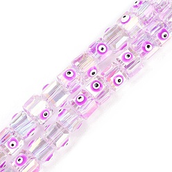Magenta Transparent Glass Beads Strands, with Enamel, AB Color Plated, Square with Evil Eye, Magenta, 6~6.5x8~9x6.5~7mm, Hole: 1.6mm, about 50pcs/strand, 12.80~12.99''(32.5~33cm).