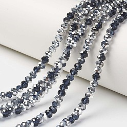 Prussian Blue Electroplate Transparent Glass Beads Strands, Half Silver Plated, Faceted, Rondelle, Prussian Blue, 6x5mm, Hole: 1mm, about 92~94pcs/strand, 17~17.5 inch(42.5~43.75cm)