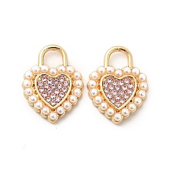 Light Rose Alloy Rhinestone Pendants, with ABS Plastic Imitation Pearl Beads, Golden Tone Heart Charms, Light Rose, 18x14x3mm, Hole: 4x4mm