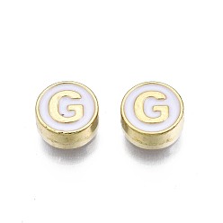 Letter G Alloy Enamel Beads, Cadmium Free & Lead Free, Light Gold, Flat Round with Alphabet, White, Letter.G, 8x4mm, Hole: 1.5mm