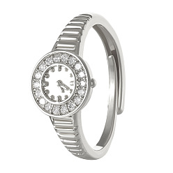 Platinum Brass Rhinestone Adjustable Rings, Watch Shapes, Platinum, Inner Diameter: 17mm