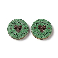 Green 2-Hole Printed Wood Buttons, Flat Round with Heart & Word Love, Green, 20x3mm, Hole: 2mm