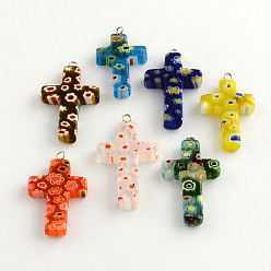 Mixed Color Handmade Millefiori Glass Pendants, with Platinum Plated Iron Findings, Cross, Mixed Color, 30~35x20~22x4mm, Hole: 1.5~2mm