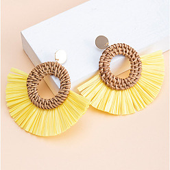 Yellow Rattan Ring Stud Earrings, with Metal Pins, Woven Raffia Tassel Earring, Bohemia Style Dangle Earrings for Women, Yellow, 85x65mm