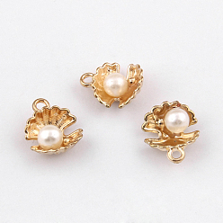 Golden Alloy Charms, with Imitation Pearl, Shell Shape, Golden, 12x15mm