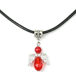 Red Angel Shape Alloy with Glass Pendant Necklaces, with Imitation Leather Cords, Red, 17.32 inch(44cm)