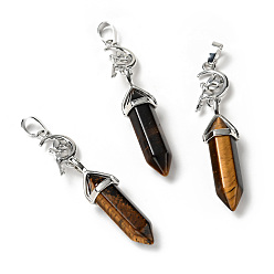 Tiger Eye Natural Tiger Eye Double Terminated Pointed Big Pendants, with Platinum Tone Brass Findings, Cadmium Free & Lead Free, Moon with Fairy & Bullet, Faceted, 62~66mm