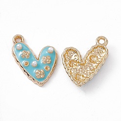 Turquoise Alloy Enamel Pendants, with ABS Imitation Pearl Beads, Light Glod, Heart with Flower Charm, Turquoise, 21x14.5x4mm, Hole: 1.6mm