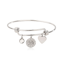 Нержавеющая Сталь Цвет Браслеты из нержавеющей стали с микропаве из кубических цирконий, регулируемые раздвижные браслеты для женщин, дерево жизни и сердца, цвет нержавеющей стали, внутренний диаметр: 2-1/2~2-5/8 дюйм (6.4~6.6 см)