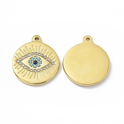 Clear Ion Plating(IP) Golden 304 Stainless Steel Pendants, with Cubic Zirconia, Flat Round with Evil Eye Charm, Clear, 21.5x18x2mm, Hole: 1.2mm
