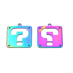 Rainbow Color Rack Plating 201 Stainless Steel Chandelier Component Links, Laser Cut, Square with Question Mark, Rainbow Color, 25x23.5x1.5mm, Hole: 1.2mm & 2mm