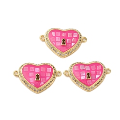 Ярко-Розовый Покрытие стойки латунь микро паве прозрачный кубический цирконий звенья в форме сердца, с эмалью и ракушкой, реальный 18 k позолоченный, долговечный, без свинца и без кадмия, ярко-розовый, 15x22x4 мм, отверстие : 1.2 мм
