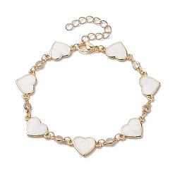 Golden Brass Enamel Heart Link Chain Bracelet with Cubic Zirconia, Golden, 7-7/8 inch(20cm)