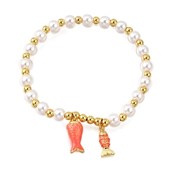 Оранжевый Латунные браслеты из кубического циркония, рыба, с эмалью, ABS имитация жемчуга, стойки покрытие, долговечный, без свинца и без кадмия, реальный 18 k позолоченный, оранжевые, внутренний диаметр: 2 дюйм (5.15 см)