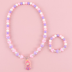 Purple Princess Set Cute Pink Angel Princess Acrylic Beaded Jewelry Set for Kids