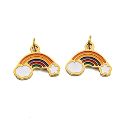 Golden Ion Plating(IP) 304 Stainless Steel Charms, with Enamel and Jump Ring, Rainbow Charm, Golden, 9.5x13x1mm, Hole: 2.5mm