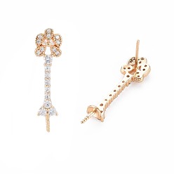 Real 18K Gold Plated Brass Micro Pave Clear Cubic Zirconia Stud Earring Findings, for Half Drilled Beads, Nickel Free, Flower, Real 18K Gold Plated, 26x6.5mm, Pin: 0.7mm, pin: 0.9mm(for half drilled beads)