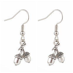 Antique Silver Tibetan Style Alloy Acorn Dangle Earrings, with Iron Earring Hooks, Antique Silver, 33mm, Pin: 0.5mm