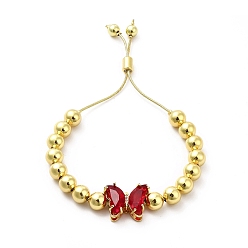 Cramoisi Bracelets coulissants à perles rondes en laiton plaqué en rack pour femmes, bracelets réglables papillon en verre plaqué longue durée, sans nickel et sans plomb, réel 18 k plaqué or, cramoisi, diamètre intérieur : 1-1/2~2-7/8 pouces (3.7~7.2 cm)