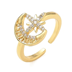 Oro Anillos abiertos de latón con micro pavé de circonita cúbica, luna con estrellas, dorado, 12x13.5 mm, diámetro interior: 17 mm
