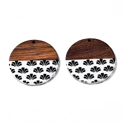Black Resin & Walnut Wood Pendants, Flat Round, Black, 35x2~3mm, Hole: 2mm