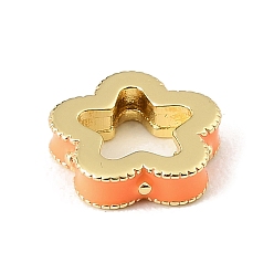 Orange Perles d'espacement en laiton émaillé en forme de fleur, plaqué longue durée, sans cadmium et sans plomb, réel 18 k plaqué or, crémaillère plaquage, orange, 11.5x11.5x3mm, Trou: 6x7mm