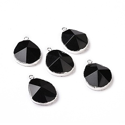 Black Agate Natural Black Agate Pendants, with Brass Findings, Faceted, Drop, Silver, 31~35x20~25x7~9mm, Hole: 2.5mm