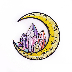 Colorful Computerized Embroidery Cloth Iron on/Sew on Patches, Costume Accessories, Moon with Crystal Cluster, Colorful, 75x72mm