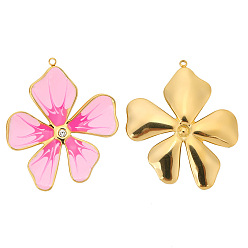 Pink Stainless Steel Rhinestones Pendants, with Enamel, Golden, Flower Charms, Pink, 39x33mm, Hole: 1.5mm
