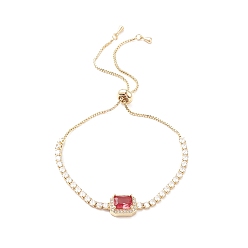 Cerise Cubic Zirconia Rectangle Link Silder Bracelet with Crystal Rhinestone, Real 18K Gold Plated Brass Jewelry for Women, Cerise, 10-1/4 inch(26cm)
