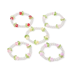 Mixed Color Lampwork Tulip & Acrylic Beaded Stretch Bracelet for Women, Mixed Color, Inner Diameter: 2 inch(5.2cm)