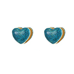 Deep Sky Blue Heart Shape Golden 304 Stainless Steel Hoop Earrings, with Enamel, Deep Sky Blue, 14.3x16.3mm