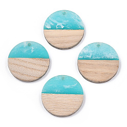 Cyan Transparent Resin & White Wood Pendants, Two Tone, Flat Round Charms, Cyan, 28.5x3.5~4mm, Hole: 1.5mm