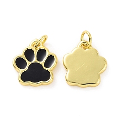 Black Rack Plating Brass Enamel Charms, with Jump Ring, Long-Lasting Plated, Real 18K Gold Plated, Cadmium Free & Lead Free, Dog's Paw Print, Black, 11.5x10x1.5mm, Jump Ring: 4x0.6mm, Inner Diameter: 2.5mm