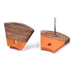 Dark Orange Opaque Resin & Walnut Wood Stud Earring Findings, with 304 Stainless Steel Pin and Hole, Two Tone, Trapezoid, Dark Orange, 12.5x15mm, Hole: 1.8mm, Pin: 0.7mm