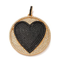 Черный Латунные микро проложить кубического циркония подвески, плоский круглый с сердечками, стойки покрытие, прочное покрытие, без кадмия и без свинца, реальный 18 k позолоченный, чёрные, 36.5x34.5x3 мм, отверстие : 3x5.5 мм