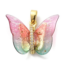 Pearl Pink Brass Pendants, with Cubic Zirconia, Film, Long-Lasting Plated, Lead Free & Cadmium Free, Real 18K Gold Plated, Butterfly, Pearl Pink, 16~17x23~14x6mm, Hole: 6x3.5mm