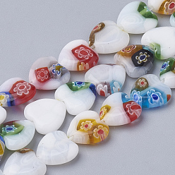 Mixed Color Handmade Millefiori Lampwork Beads Strands, Heart, Mixed Color, 10x10x3mm, Hole: 1mm, about 39pcs/strand, 14.1 inch