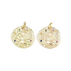 Leo Brass Micro Pave Colorful Cubic Zirconia Charms, Round with Constellation Charms, Rack Plating, Long-Lasting Plated, Cadmium Free & Lead Free, Golden, Leo, 14~15x14~15x1.6~2.2mm